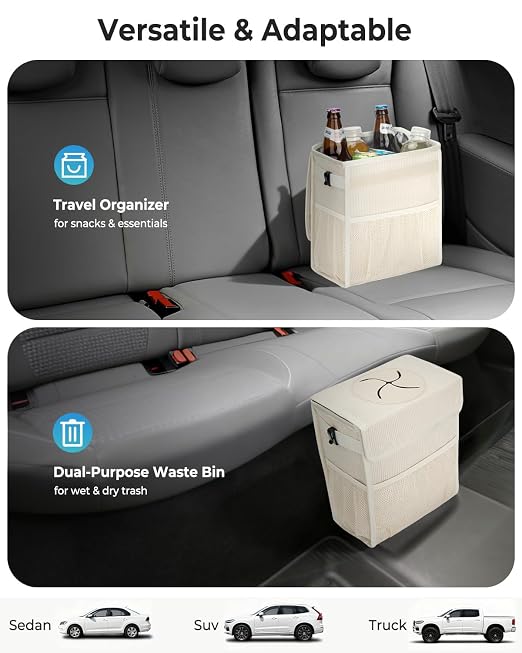 Corduroy Car Trash Can with Lid and Mesh Pockets - Leakproof Organizer,Multipurpose Waterproof Garbage Can/Trash Bin for Car(Off-White-3 Gallons)