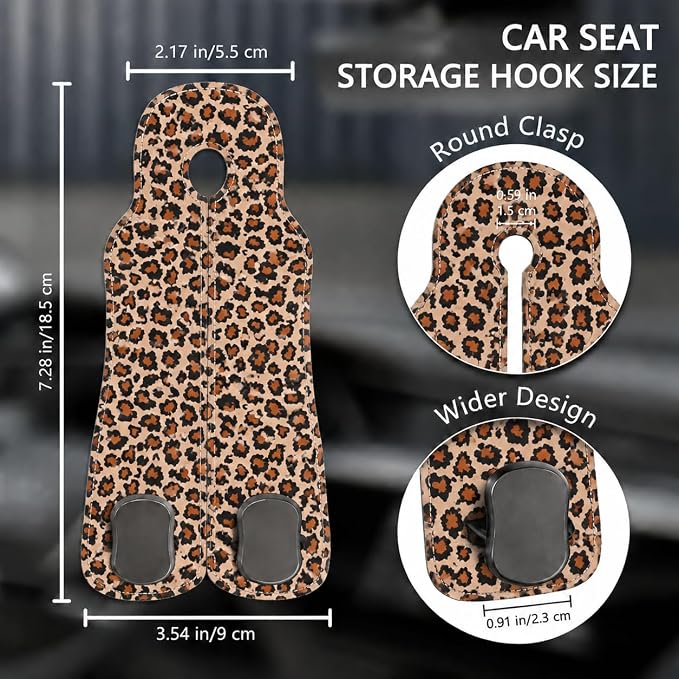 Cute Leopard Car Seat Back Storage Headrest Hooks for Purses & Bags – 2PCS PU Leather Dual Metal Hooks, Backseat Organizer Accessories