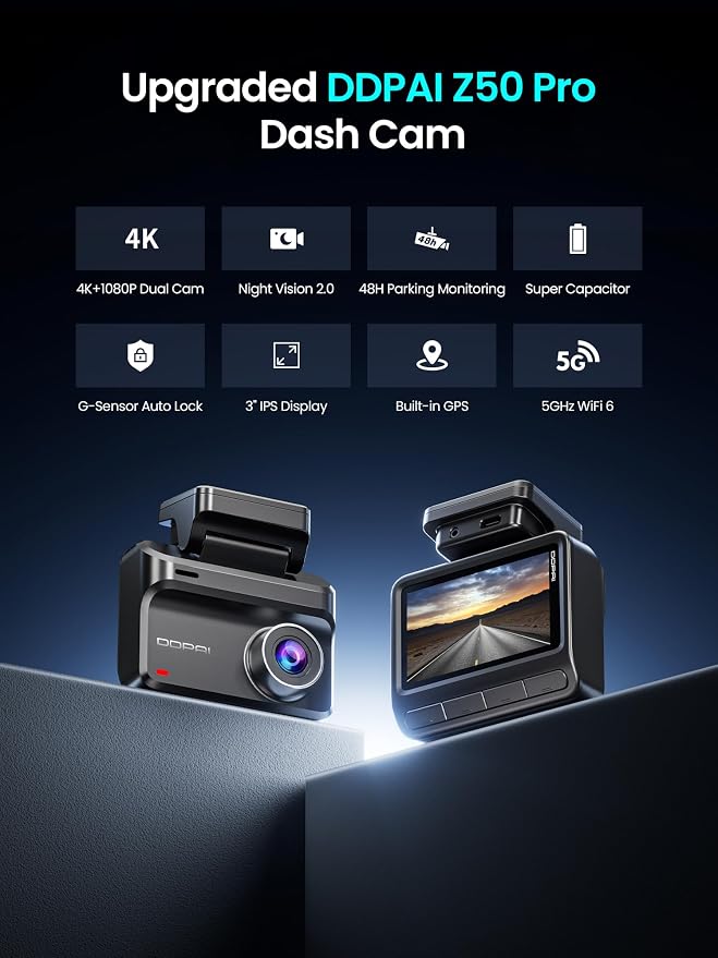 Dash Cam Front and Rear 4K+1080P, Dash Camera for Cars with GPS, 5GHz WiFi 6, AI Night Vision 2.0, 48H Parking Mode, 64GB Card Included, ADAS, Loop Recording, Car Dash Cam, Z50 Pro