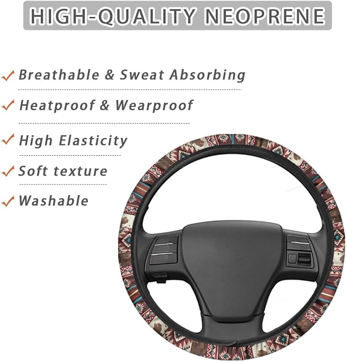 Aztec Brown Cow Print Red Auto Steering Wheel Cover Unviersal 15 inch Steering Wheel Wrap Cover Auto Interior Accessories Decor All Seasons