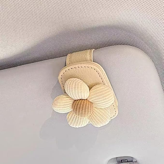 Flower Sunglass Holder for Car Visor – Decorative Sun Visor Clip,Eyeglass Hanger Organizer for Women,Scratch‑Free Glasses Storage Different Size Eyeglasses (Beige Flowers)