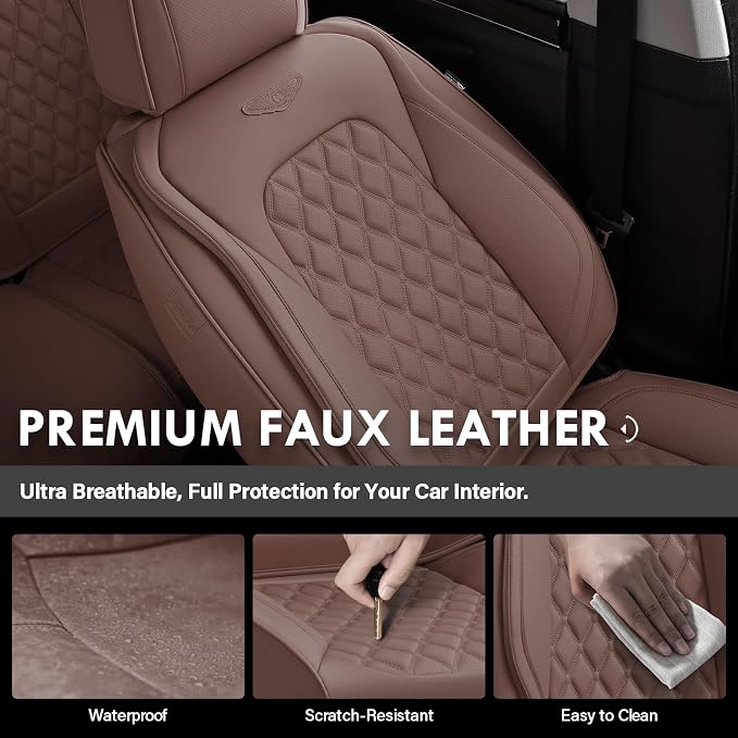 Coverado Full Set Car Seat Covers, Brown Leather Seat Protectors for Cars, Waterproof Luxury Front & Back Car Seat Covers, Universal Fit for Most Cars-Brown
