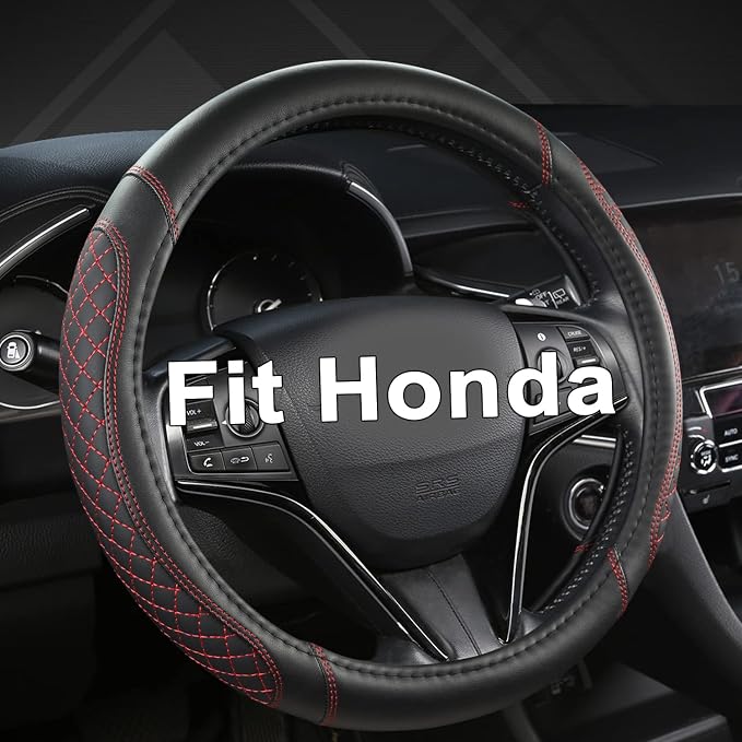 Customized Auto Car Steering Wheel Cover for Honda Accord CR-V HR-V Pilot Civic(Diamond Quilted -Black+Red-Standard Size)