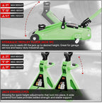 DNA MOTORING 2 Ton Car Jack and Stands Kit 2T(4000 lbs) Capacity Low Profile Hydraulic Trolley Service/Floor Jack with 2 Ratchet Stands Combo for Home Garage Shop, Green, TOOLS-00476-GR