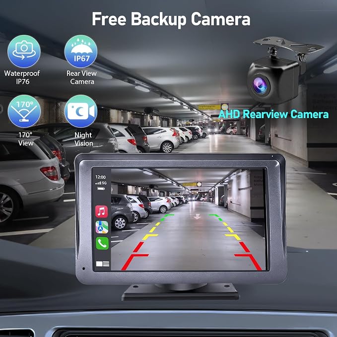 Portable Wireless Radio with Apple CarPlay and Android Auto Screen for Car, 7 Inch Anti-Glare Touchscreen Radio with Bluetooth Hands-Free/Navigation/Voice Control/AHD Backup Camera, for All Vehicles