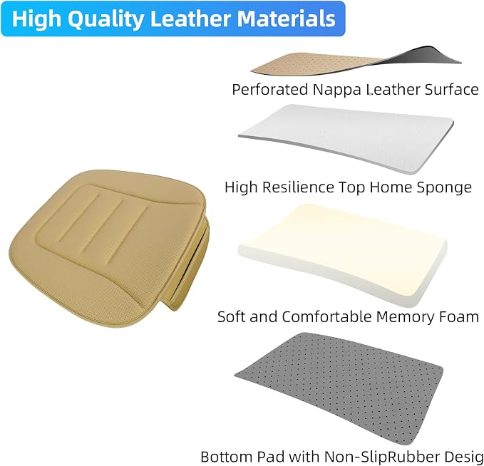 Car Seat Cushion, Comfort Memory Foam Car Cushions for Driving, Breathable Leather Surface with Anti Slip Rubber Bottom, Seat Cushion for Car and Office Chair (2 Pack, Beige)