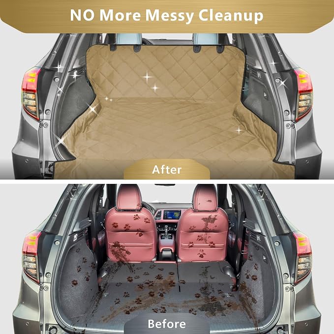 SUV Cargo Liner for Dogs, Water Resistant Pet Cargo Cover Dog Seat Cover Mat for SUVs Sedans Vans with Bumper Flap Protector, Non-Slip, Large Size Universal Fit, Khaki