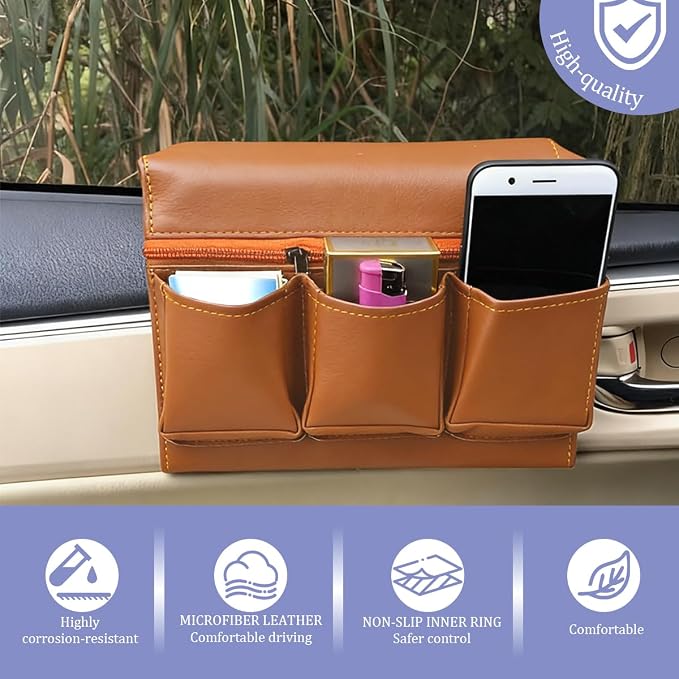 Car Window Armrest Storage Box, Multifunctional Leather Door Side Organizer with Pockets, Comfortable Automotive Interior Arm Elbow Rest Pad Storage Bag, Universal for Vehicles (Brown)
