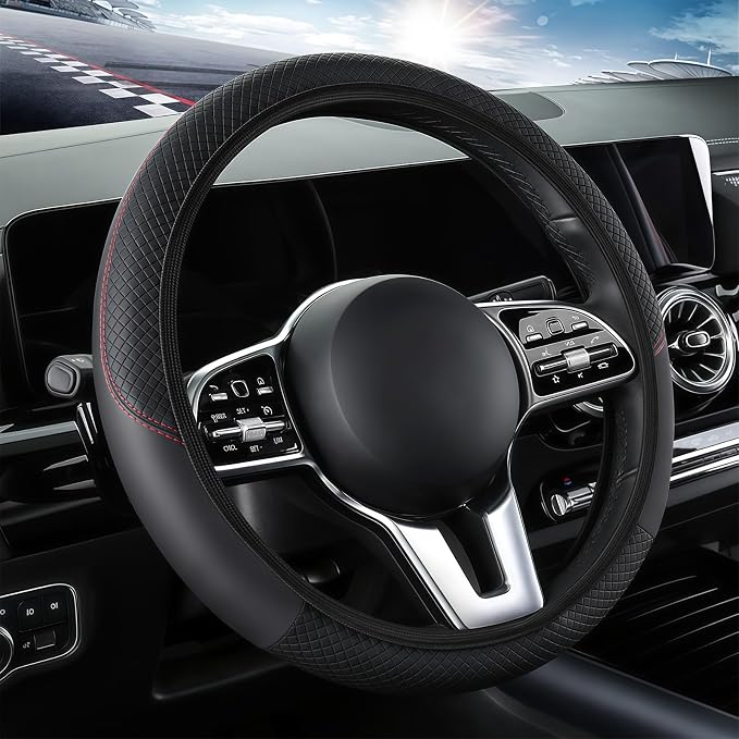 Leather Car Steering Wheel Cover, 15 Inch Anti-Slip Carbon Fiber Black Steering Wheel Cover, Universal Car Interior Accessories for Trucks Sedans SUVs (Black)