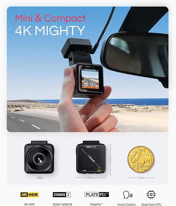 E1 Pro 4K Mini Dash Cam Front, STARVIS 2 PlatePix HDR Night Vision Car Camera, Built-in 5G WiFi GPS, 1.54'' IPS Screen, Voice Control, 24/7 Buffered Parking Mode, Support 1TB Max