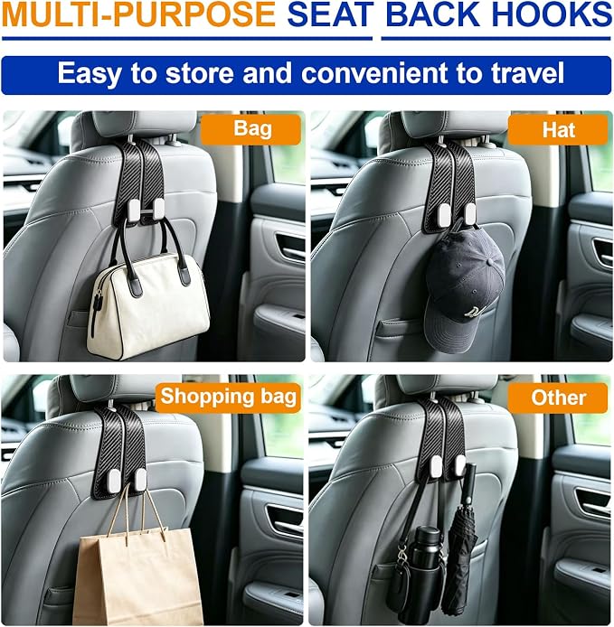 Car Purse Hook, 4-Pack Leather Headrest Hooks for Car | Purse Holder for Car, Car Bag Hooks for Headrest, Universal Back Seat Storage Hooks for Grocery Purses and Bags, Black