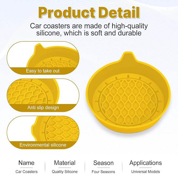 Car Cup Holder Coaster, Silicone Cup Holder Insert, Universal Non-Slip Cup Holders, Car Accessories Interior for Women and Man 4 Pack Yellow