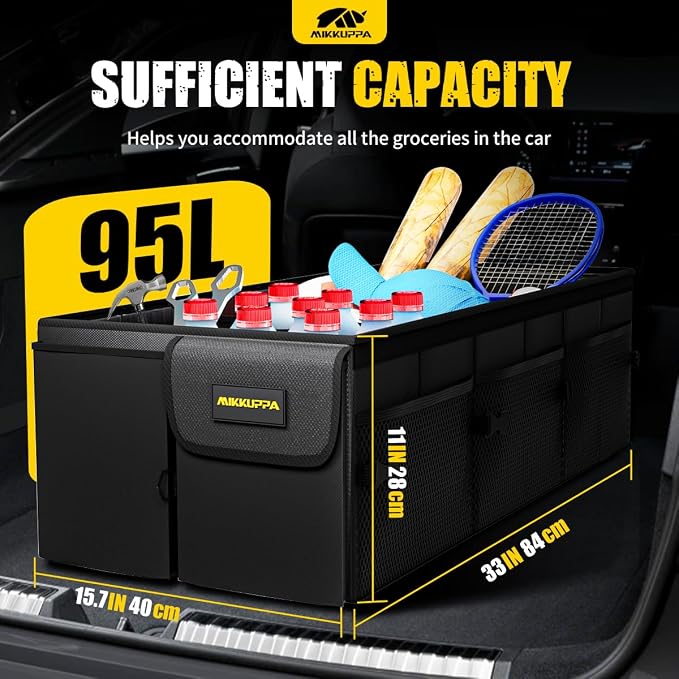Car Trunk Organizer with Cooler - 95L Collapsible Trunk Organizer with Lid, Trunk Storage Organizers for SUV Truck Van with Adjustable Straps and Non Slip Bottom (Black, XX-Large with Cooler)