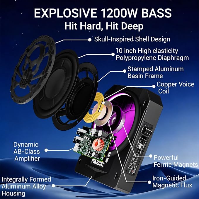 Car Underseat Subwoofer Amp – 10" 1200W RGB, fits SUV/Truck,Skull | Powered sub and amp package with adjustable gain, bass boost & low pass, plus beat-synced RGB lighting for under-seat install