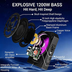 Car Underseat Subwoofer Amp – 10" 1200W RGB, fits SUV/Truck,Skull | Powered sub and amp package with adjustable gain, bass boost & low pass, plus beat-synced RGB lighting for under-seat install