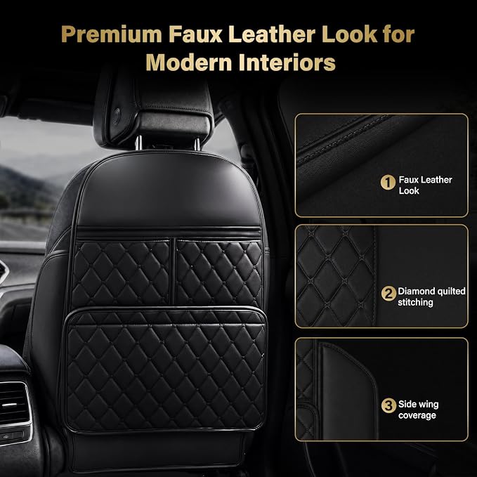 2 Pack Kick Mats Back Seat Protector, Seat Back Protector for Back of Front Seats Against Dirt, Scuffs & Scratches, 3 Storage Pockets, Easy to Clean, Black
