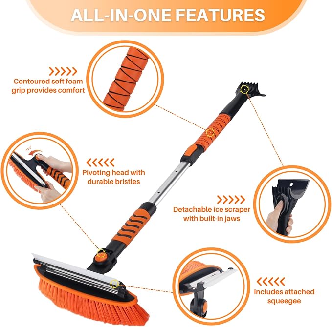Snow Removal Brush and Ice Scrapers for Car Windshield, 3 in 1 Heavy Duty 42'' Extendable Broom for SUV and Truck Window, Automotive Winter Accessories
