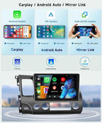 8 Core 4G+64G Car Radio for Honda Civic 2006 2007 2008 2009 2010 2011, Wireless Carplay Android Auto Car Stereo, 10.1” IPS Touchscreen with WiFi, GPS, Bluetooth,FM/RDS, 32EQ DSP, Rear Camera