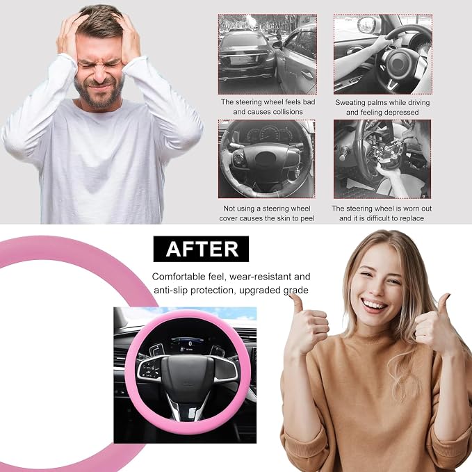 Car Steering Wheel Cover, 13 to 14.17 inches Anti-Slip Silicone Steering Wheel Protector, Soft Flexible Shock-Absorbent Steering Wheel Protective Cover for Most Car Models (Pink)