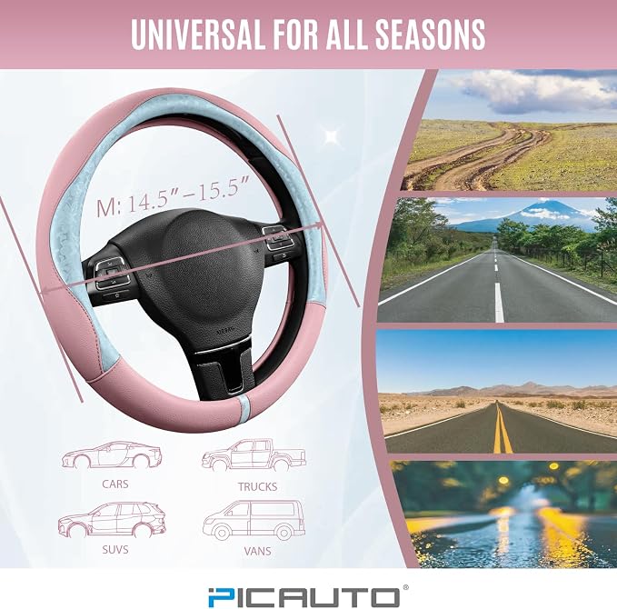 Steering Wheel Cover, Light Blue Patterned & Pink Leather Patchwork Design, Universal Fit 14.5"–15.5", Anti-Slip, Odor-Free, Soft Grain Leather, Durable Grip Car Accessory for Girls & Women