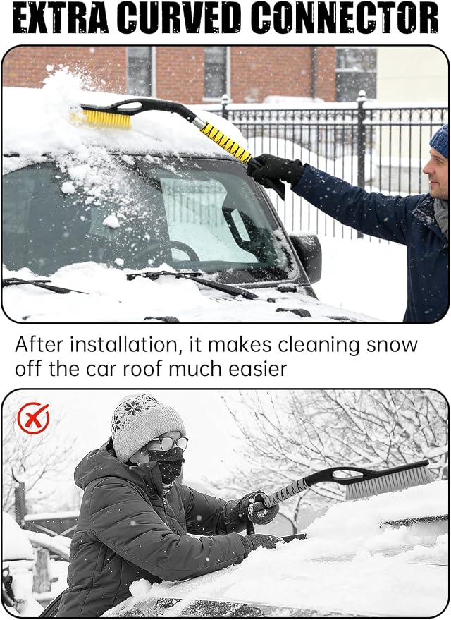 27" Snow Brush and Ice Scrapers for Car Windshield, Yellow, 2 Pack | Detachable Windshield Scraper, Snow Removal Tool with Curved Connector & Ergonomic Foam Grip for Cars, Trucks, SUVs