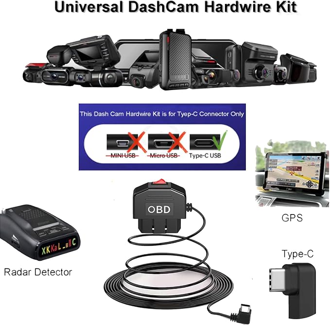 Dash Cam OBD Hardwire Kit, USB Type C Power Cable for Dash Camera 24 Hours Surveillance/Acc Mode for Dashcam Power Adapter with Low Voltage Protection 12-24V to 5V/3A