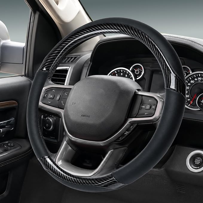 Leather Steering Wheel Cover for Chevy Silverado 1500 2500 3500, 14.5-15 inches Car Steering Wheel Cover with Non-Slip Breathable (Carbon Black)