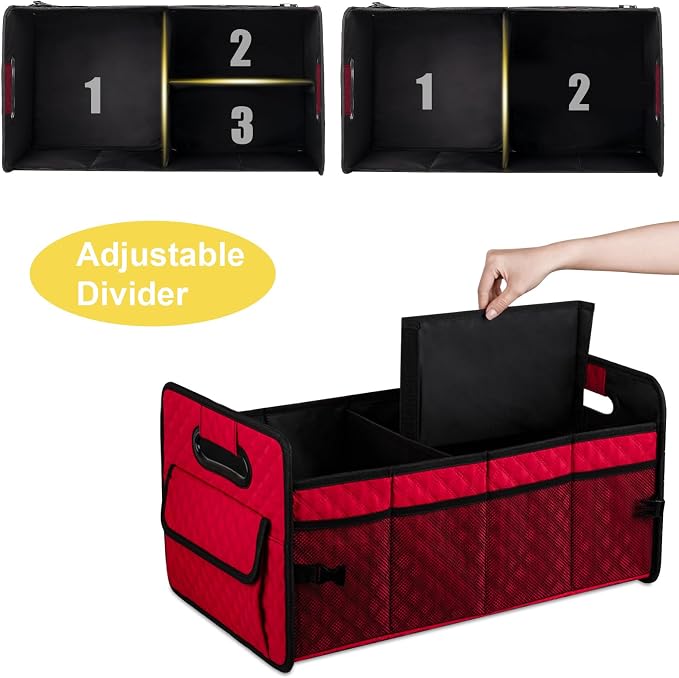 Car Trunk Organizers and Storage for SUV, Collapsible Multi Compartment Container Box Adjustable Car Accessories for Women Men, Red