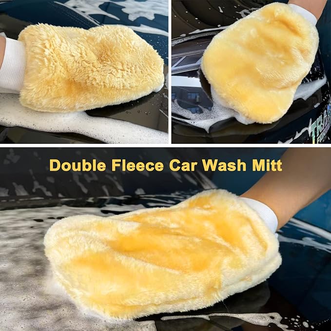 Car Wash Brush Mop with Long Handle, Car Wash Kit with 2 Chenille Mop Heads, 15° Curved Extension Pole Scratch-Free Microfiber Mitt Sponge Car Cleaning Supplies Accessories, Yellow/Black