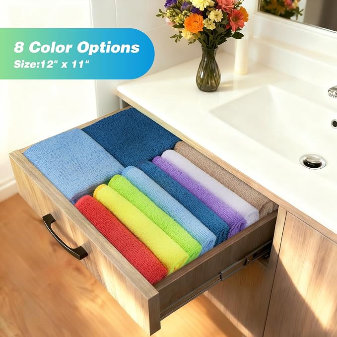Microfiber Cleaning Cloth, 24 Pack Absorbent Cleaning Rags with 8 Color Assorted,Lint-Free Cleaning Towels for Car Kitchen House, 12"X11" (Multi-Color)