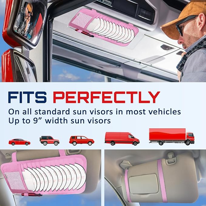 CD Case Holder for Car - Sun Visor Organizer for 12 CD’s/Dvd’s, 1 Mesh Pocket & 1 Horizontal Pen Holder - Safe, Ergonomic Design (Pink)