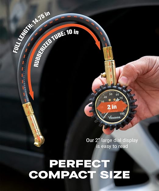 Tire Pressure Gauge (0-100 PSI) - Certified ANSI B40.1 Tire Gauge for Cars and Trucks, Large 2" Glow Dial Easy-Read Tire Gauges for Tire Pressure Car Accessories