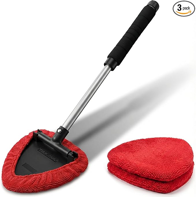 Window & Windshield Cleaner, Extendable, 3 Microfiber Pads (Red) | Pivoting Triangle Head Wiper Cleans Interior & Exterior Glass, 3 Washable Reusable Bonnets, Lint-Free