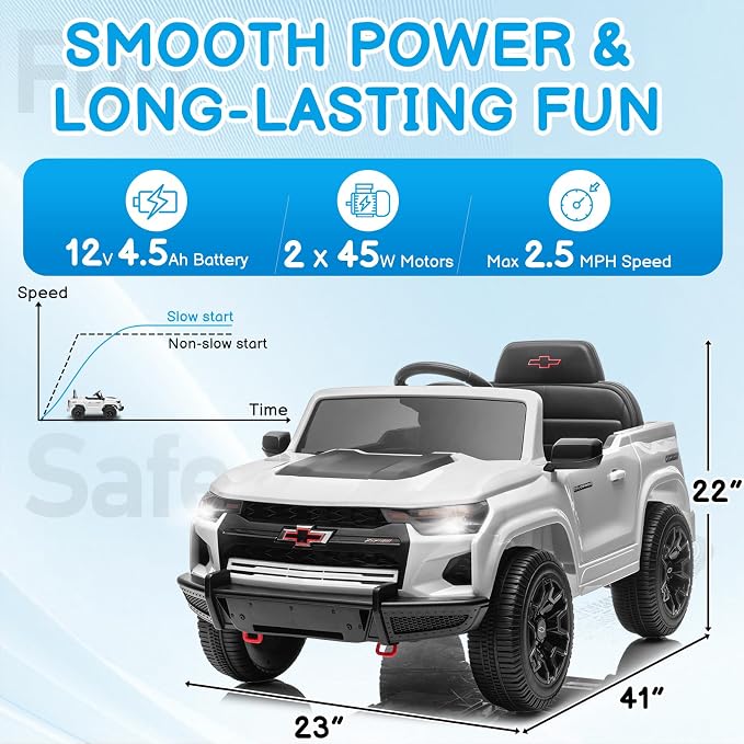 Licensed Chevrolet Colorado Electric Car for Kids, 12V Ride on Toys for Toddlers with Remote Control, Battery Powered Electric Car Ride On Vehicle w/Bluetooth, Soft Start, LED Lights - White