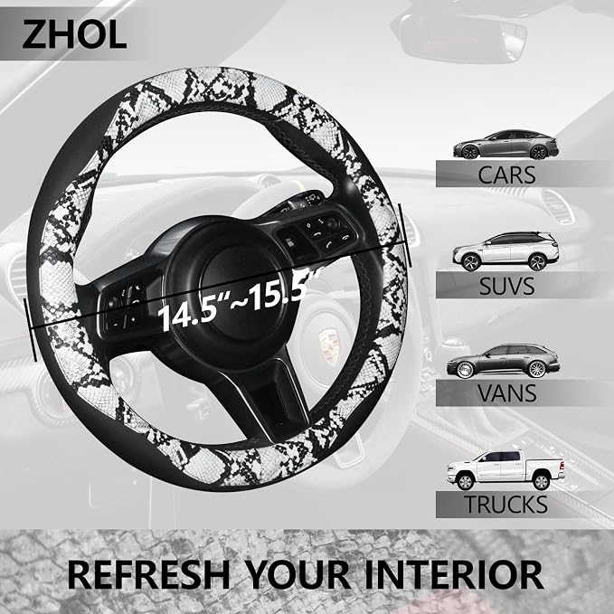 Snake Skin Steering Wheel Cover, Breathable Microfiber Leather Universal 14.5-15 inch, Anti-Slip Car Steering Wheel Protector for Women Men, Black&White