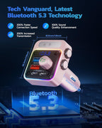 54W Bluetooth 5.3 Car Adapter with 4 Charging Ports [PD 36W & QC3.0 18W], Wireless Radio FM Transmitter with Deep Bass Player & 5 Colors LED Backlit, Hands-Free Calling - Pink