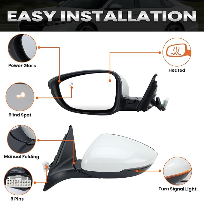 Left Driver Side Mirror Compatible with 2018-2022 Honda Accord Power Glass | Heated | with Blind Spot | with Turn Signal | Manual Folding Repalces HO1320330 (8Pins-Pearl White)
