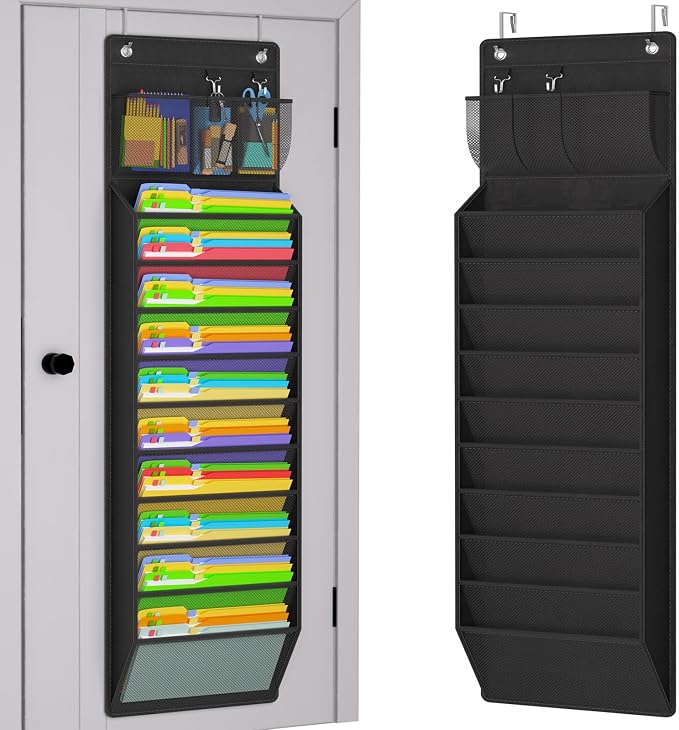 Wall Hanging File Organizer, Over the Door File Folders with 10 Large Pockets for Magazines, Mails, Office Chart Storage, Back to School Supplies, Paper Organization (Black)