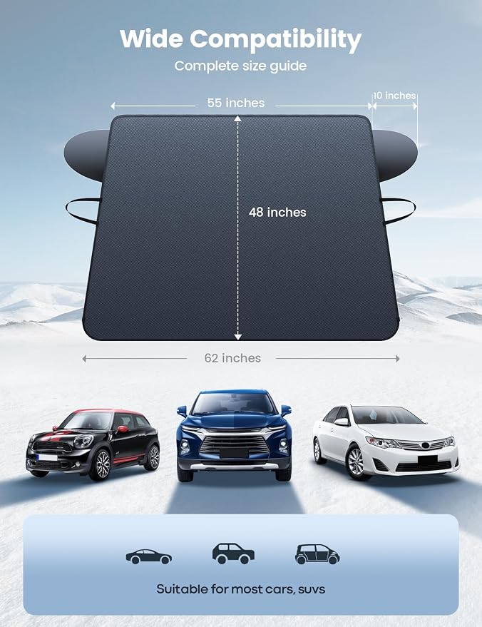 Windshield Cover for Ice and Snow - [ Magnetic Fit][ 1S Snow Removal][ Ultra Waterproof] Heavy Duty 800D Oxford Fabric, 4X Stable, Winter Car Gifts Accessories for Most Cars, SUV (62"x48")