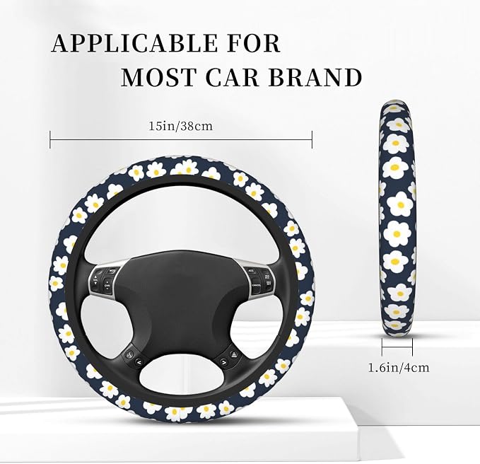 Cartoon Daisy Flower Elastic Steering Wheel Cover Non-Slip Breathable Steering Wheel Protector Fit Auto, SUVs, Truck