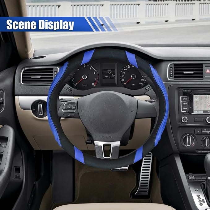 Car Steering Wheel Cover, 15 Inch Leather Anti-Slip Breathable Automotive Steering Wheel Protector, Universal Heat Resistant Vehicle Interior Accessories Cars, SUVs, Trucks(Blue)