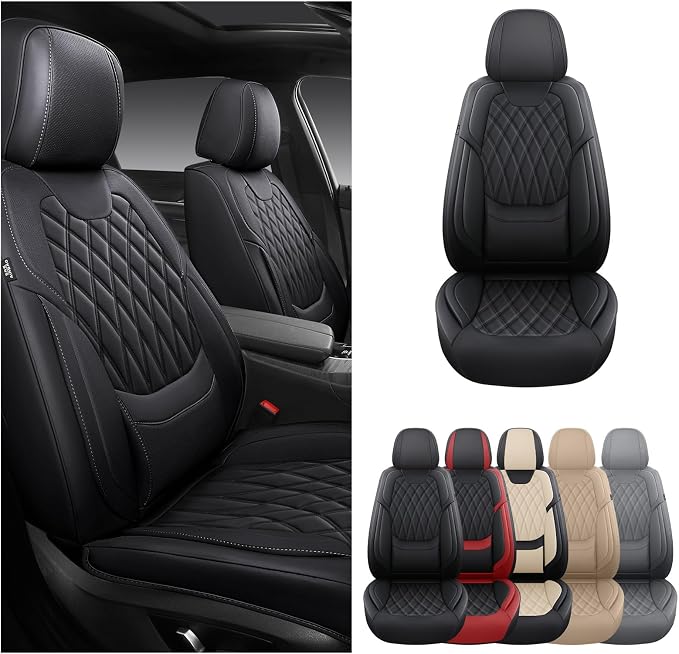 Car Seat Covers Front Seats - Luxury Breathable Waterproof Faux Leather Car Seat Cover Protectors with Lumbar Support, Universal Fit for Most 5 Seats Vehicles Sedans Hatchbacks Pick-ups, Black