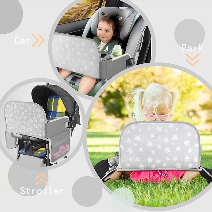 Kids Travel Tray for Toddler Car Seat, Toddler Gift for Boy | Road Trip Essentials Accessories Lap Tray with Dry Erase Board, iPad Holder Stand & Cooler Cup Holder as Birthday Gift, Grey