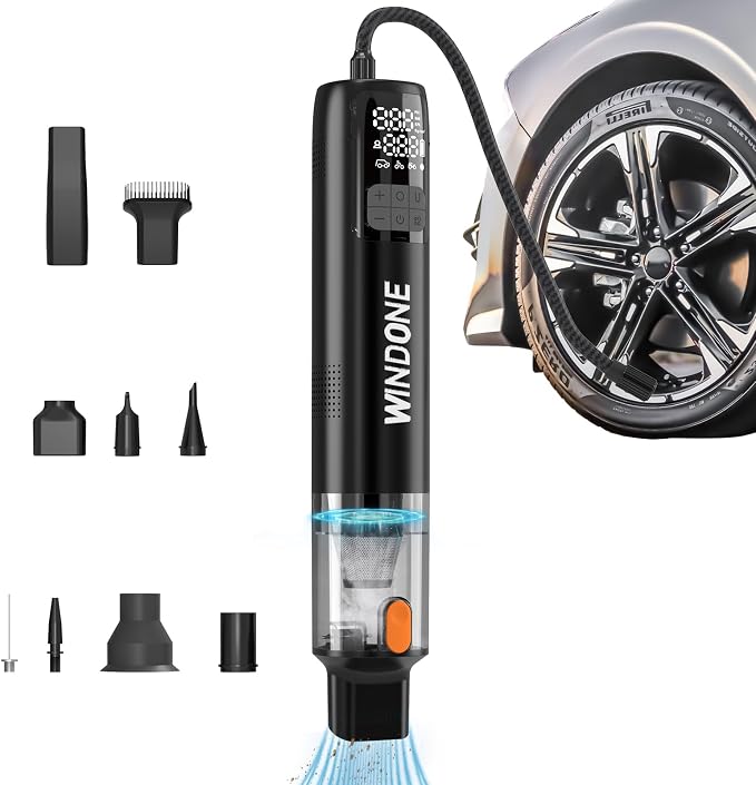 Portable Tire Inflator & Mini Vacuum, 150 PSI Cordless Air Compressor with Deflate Function, LED Display, Auto Shut-Off, Rechargeable Air Pump for Car, Bike, Motorcycle, Balls & Inflatables