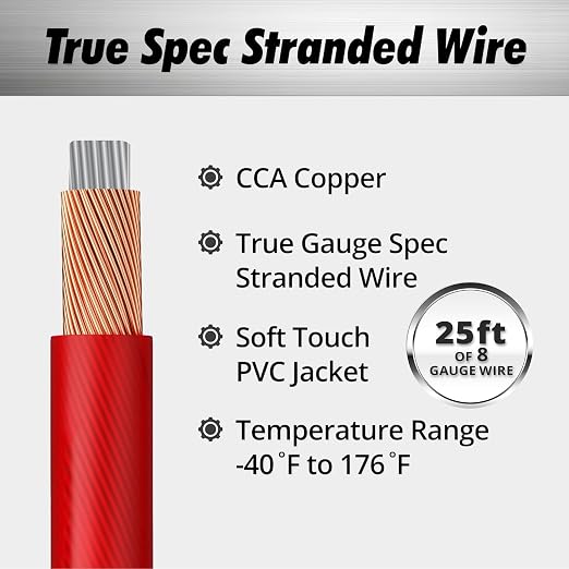 8 Gauge Power Wire 25ft – Copper-Clad Aluminum (8AWG) Automotive Amplifier Power & Ground Cable, Car Audio Battery/Welding 8ga