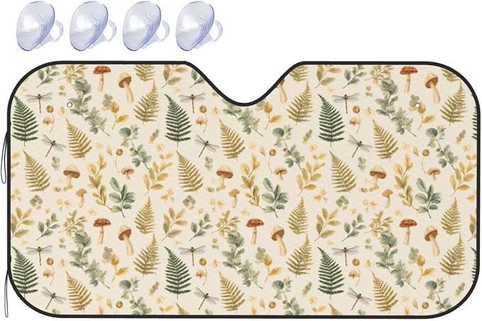 Windshield Sun Shade Mushroom Botanical Leaf Vintage Car Front Window Sunshade Cover for Truck SUV Blocks UV Rays Automotive Visor Interior Protector 51 x 27.5 inch