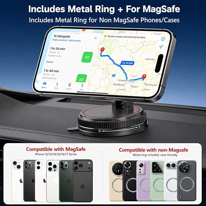 Magnetic Car Phone Holder Mount, Compatible with MagSafe, 108LBS Vacuum Suction Car Mount, 3000gf Magnetic Hold, 360° Adjustable Foldable Dashboard Windshield Phone Mount for iPhone 17-12 & Android
