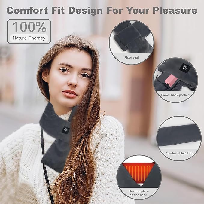2PC Women Men Heated Scarf,Portable Heating Pad with 5000mAh Power Bank,Rechargeable Fast Heated Neck Wrap with 3 Temperature Settings,Electric Neck Heating Scarves for Office Outdoor Winter Warm Gift