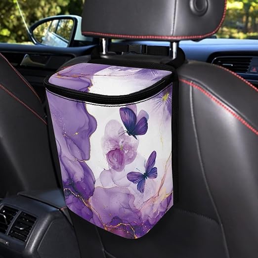 Purple Marble Butterfly Print Car Trash Can with Lid, Leak Proof Auto Trash Bag Hanging Vehicle Garbage Can Multipurpose Storage Container for Back Seat Road Trip