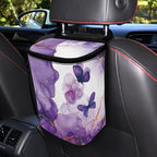 Purple Marble Butterfly Print Car Trash Can with Lid, Leak Proof Auto Trash Bag Hanging Vehicle Garbage Can Multipurpose Storage Container for Back Seat Road Trip